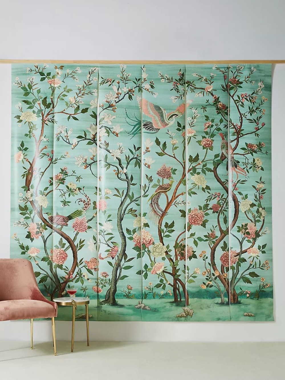 Anthropologie Mint and Pink Chinoiserie Bird Wallpaper (Havenview/Valeri Mural)